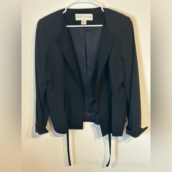 Doncaster Blazer Jacket Women’s Size 14 Black 100% Wool Suede Accent Tie Strap - Picture 8 of 9